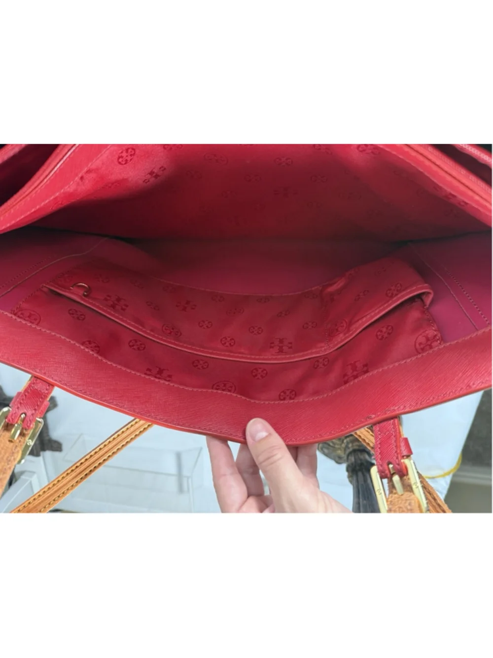 Tory Burch Buckle Large Red Saffiano Leather Laptop Tote Bag Purse new